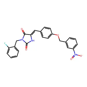 (5E)-3-(2-fluorobenzyl)-5-{4-[(3-nitrobenzyl)oxy]benzylidene}imidazolidine-2,4-dione structure