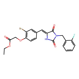 ethyl (2-bromo-4-{(E)-[1-(2-fluorobenzyl)-2,5-dioxoimidazolidin-4-ylidene]methyl}phenoxy)acetate structure