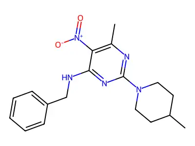 N-benzyl-6-methyl-2-(4-methylpiperidin-1-yl)-5-nitropyrimidin-4-amine structure