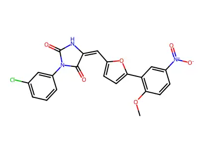 (5E)-3-(3-chlorophenyl)-5-[[5-(2-methoxy-5-nitrophenyl)furan-2-yl]methylidene]imidazolidine-2,4-dione structure
