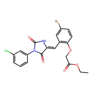 ethyl (4-bromo-2-{(E)-[1-(3-chlorophenyl)-2,5-dioxoimidazolidin-4-ylidene]methyl}phenoxy)acetate structure