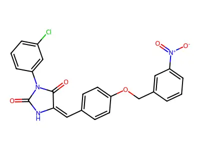 (5E)-3-(3-chlorophenyl)-5-{4-[(3-nitrobenzyl)oxy]benzylidene}imidazolidine-2,4-dione structure