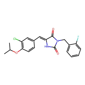 (5E)-5-[3-chloro-4-(propan-2-yloxy)benzylidene]-3-(2-fluorobenzyl)imidazolidine-2,4-dione structure