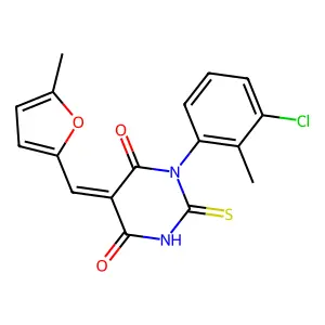 (5E)-1-(3-chloro-2-methylphenyl)-5-[(5-methylfuran-2-yl)methylidene]-2-sulfanylidene-1,3-diazinane-4,6-dione structure