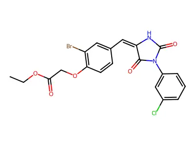 ethyl (2-bromo-4-{(E)-[1-(3-chlorophenyl)-2,5-dioxoimidazolidin-4-ylidene]methyl}phenoxy)acetate structure