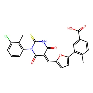 3-(5-{(E)-[1-(3-chloro-2-methylphenyl)-4,6-dioxo-2-thioxotetrahydropyrimidin-5(2H)-ylidene]methyl}furan-2-yl)-4-methylbenzoic acid structure