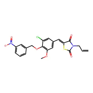 (5E)-5-[[3-chloro-5-methoxy-4-[(3-nitrophenyl)methoxy]phenyl]methylidene]-3-prop-2-enyl-1,3-thiazolidine-2,4-dione structure