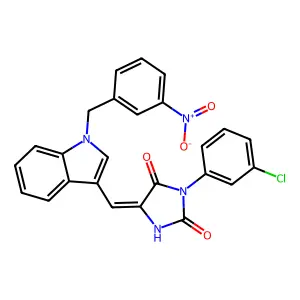 (5E)-3-(3-chlorophenyl)-5-[[1-[(3-nitrophenyl)methyl]indol-3-yl]methylidene]imidazolidine-2,4-dione structure