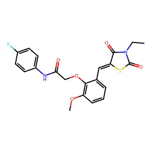 2-[2-[(E)-(3-ethyl-2,4-dioxo-1,3-thiazolidin-5-ylidene)methyl]-6-methoxyphenoxy]-N-(4-fluorophenyl)acetamide structure