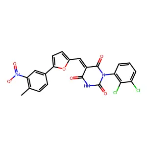 (5E)-1-(2,3-dichlorophenyl)-5-[[5-(4-methyl-3-nitrophenyl)furan-2-yl]methylidene]-1,3-diazinane-2,4,6-trione structure