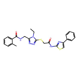 N-[[4-ethyl-5-[2-oxo-2-[(4-phenyl-1,3-thiazol-2-yl)amino]ethyl]sulfanyl-1,2,4-triazol-3-yl]methyl]-2-methylbenzamide structure