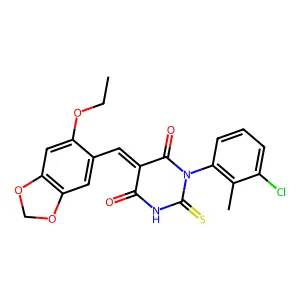 (5E)-1-(3-chloro-2-methylphenyl)-5-[(6-ethoxy-1,3-benzodioxol-5-yl)methylidene]-2-sulfanylidene-1,3-diazinane-4,6-dione structure
