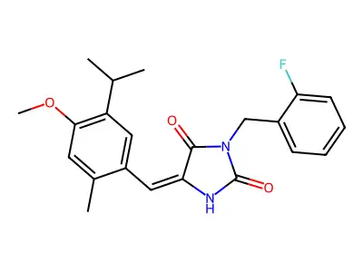 (5E)-3-(2-fluorobenzyl)-5-[4-methoxy-2-methyl-5-(propan-2-yl)benzylidene]imidazolidine-2,4-dione structure