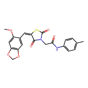 2-[(5E)-5-[(6-methoxy-1,3-benzodioxol-5-yl)methylidene]-2,4-dioxo-1,3-thiazolidin-3-yl]-N-(4-methylphenyl)acetamide structure
