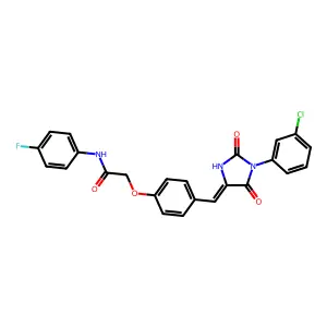 2-(4-{(E)-[1-(3-chlorophenyl)-2,5-dioxoimidazolidin-4-ylidene]methyl}phenoxy)-N-(4-fluorophenyl)acetamide structure