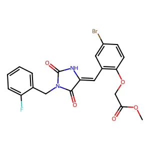 methyl (4-bromo-2-{(E)-[1-(2-fluorobenzyl)-2,5-dioxoimidazolidin-4-ylidene]methyl}phenoxy)acetate structure