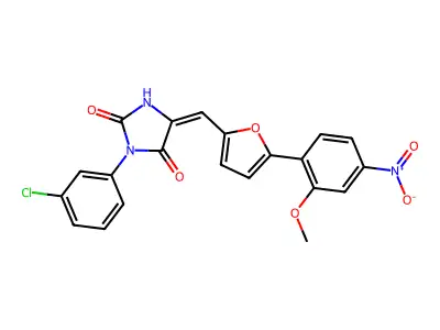 (5E)-3-(3-chlorophenyl)-5-[[5-(2-methoxy-4-nitrophenyl)furan-2-yl]methylidene]imidazolidine-2,4-dione structure