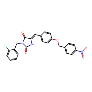 (5E)-3-(2-fluorobenzyl)-5-{4-[(4-nitrobenzyl)oxy]benzylidene}imidazolidine-2,4-dione structure