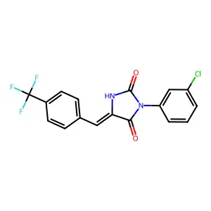 (5E)-3-(3-chlorophenyl)-5-[[4-(trifluoromethyl)phenyl]methylidene]imidazolidine-2,4-dione structure