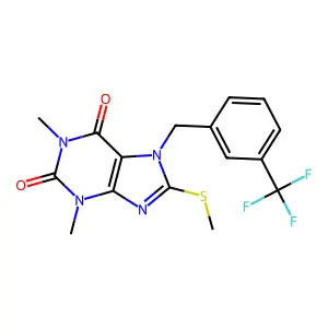 1,3-dimethyl-8-methylsulfanyl-7-[[3-(trifluoromethyl)phenyl]methyl]purine-2,6-dione structure