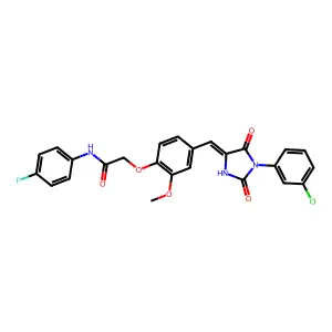 2-(4-{(E)-[1-(3-chlorophenyl)-2,5-dioxoimidazolidin-4-ylidene]methyl}-2-methoxyphenoxy)-N-(4-fluorophenyl)acetamide structure