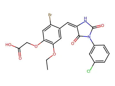 (5-bromo-4-{(E)-[1-(3-chlorophenyl)-2,5-dioxoimidazolidin-4-ylidene]methyl}-2-ethoxyphenoxy)acetic acid structure
