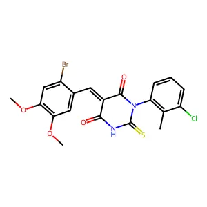 (5E)-5-(2-bromo-4,5-dimethoxybenzylidene)-1-(3-chloro-2-methylphenyl)-2-thioxodihydropyrimidine-4,6(1H,5H)-dione structure