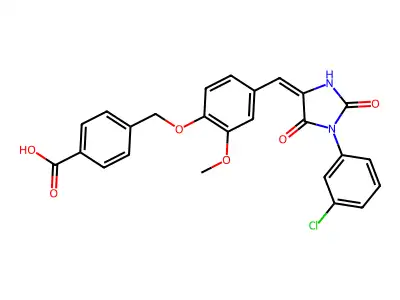 4-[(4-{(E)-[1-(3-chlorophenyl)-2,5-dioxoimidazolidin-4-ylidene]methyl}-2-methoxyphenoxy)methyl]benzoic acid structure