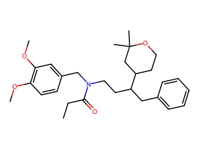 N-[(3,4-dimethoxyphenyl)methyl]-N-[3-(2,2-dimethyloxan-4-yl)-4-phenylbutyl]propanamide structure