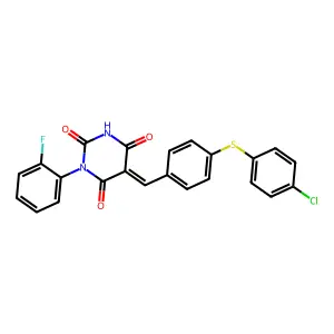 (5E)-5-[[4-(4-chlorophenyl)sulfanylphenyl]methylidene]-1-(2-fluorophenyl)-1,3-diazinane-2,4,6-trione structure