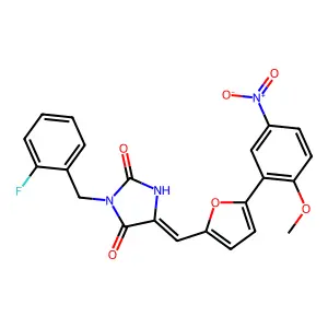 (5E)-3-(2-fluorobenzyl)-5-{[5-(2-methoxy-5-nitrophenyl)furan-2-yl]methylidene}imidazolidine-2,4-dione structure