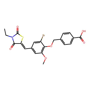 4-({2-bromo-4-[(E)-(3-ethyl-2,4-dioxo-1,3-thiazolidin-5-ylidene)methyl]-6-methoxyphenoxy}methyl)benzoic acid structure