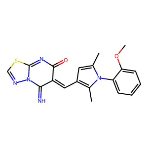 (6E)-5-imino-6-[[1-(2-methoxyphenyl)-2,5-dimethylpyrrol-3-yl]methylidene]-[1,3,4]thiadiazolo[3,2-a]pyrimidin-7-one structure