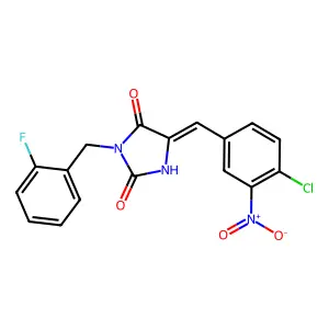 (5E)-5-(4-chloro-3-nitrobenzylidene)-3-(2-fluorobenzyl)imidazolidine-2,4-dione structure