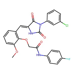 2-(2-{(E)-[1-(3-chlorophenyl)-2,5-dioxoimidazolidin-4-ylidene]methyl}-6-methoxyphenoxy)-N-(4-fluorophenyl)acetamide structure