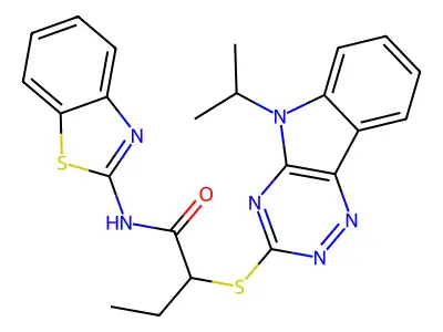 N-(1,3-benzothiazol-2-yl)-2-[(5-propan-2-yl-[1,2,4]triazino[5,6-b]indol-3-yl)sulfanyl]butanamide structure