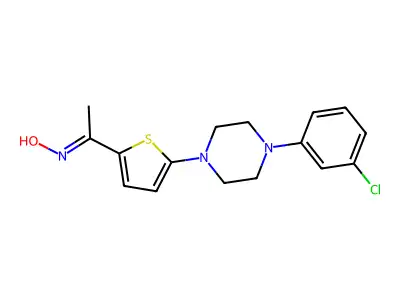 N-[1-[5-[4-(3-chlorophenyl)piperazin-1-yl]thiophen-2-yl]ethylidene]hydroxylamine structure