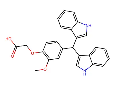 2-(4-(di(1H-indol-3-yl)methyl)-2-methoxyphenoxy)acetic acid structure