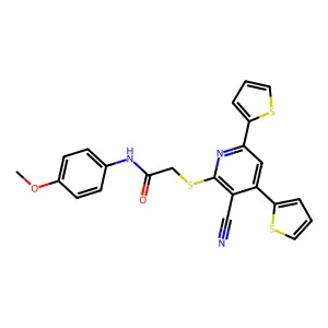 2-(3-cyano-4,6-dithiophen-2-ylpyridin-2-yl)sulfanyl-N-(4-methoxyphenyl)acetamide structure