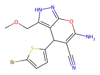 6-amino-4-(5-bromothiophen-2-yl)-3-(methoxymethyl)-2,4-dihydropyrano[2,3-c]pyrazole-5-carbonitrile structure