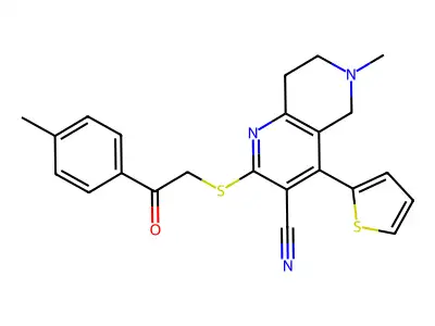 6-methyl-2-[2-(4-methylphenyl)-2-oxoethyl]sulfanyl-4-thiophen-2-yl-7,8-dihydro-5H-1,6-naphthyridine-3-carbonitrile structure