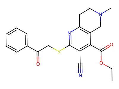 Ethyl 3-cyano-6-methyl-2-phenacylsulfanyl-7,8-dihydro-5H-1,6-naphthyridine-4-carboxylate structure