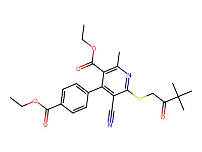 Ethyl 5-cyano-6-[(3,3-dimethyl-2-oxobutyl)sulfanyl]-4-[4-(ethoxycarbonyl)phenyl]-2-methylpyridine-3-carboxylate structure