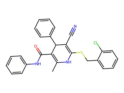 6-[(2-chlorophenyl)methylsulfanyl]-5-cyano-2-methyl-N,4-diphenyl-1,4-dihydropyridine-3-carboxamide structure