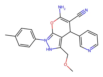 6-amino-3-(methoxymethyl)-1-(4-methylphenyl)-4-pyridin-3-yl-2,4-dihydropyrano[2,3-c]pyrazol-1-ium-5-carbonitrile structure
