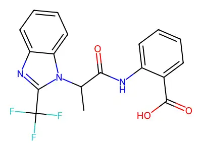 2-({2-[2-(trifluoromethyl)-1H-1,3-benzimidazol-1-yl]propanoyl}amino)benzenecarboxylic acid structure