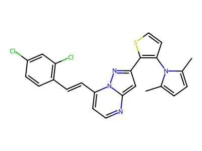 7-[(E)-2-(2,4-dichlorophenyl)ethenyl]-2-[3-(2,5-dimethyl-1H-pyrrol-1-yl)-2-thienyl]pyrazolo[1,5-a]pyrimidine structure