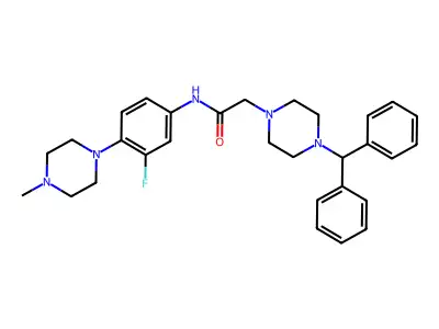 2-(4-benzhydrylpiperazino)-N-[3-fluoro-4-(4-methylpiperazino)phenyl]acetamide structure
