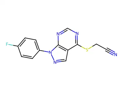 2-((1-(4-fluorophenyl)-1H-pyrazolo[3,4-d]pyrimidin-4-yl)thio)acetonitrile structure