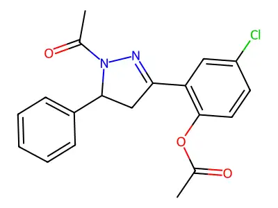 2-(1-acetyl-5-phenyl-4,5-dihydro-1H-pyrazol-3-yl)-4-chlorophenyl acetate structure